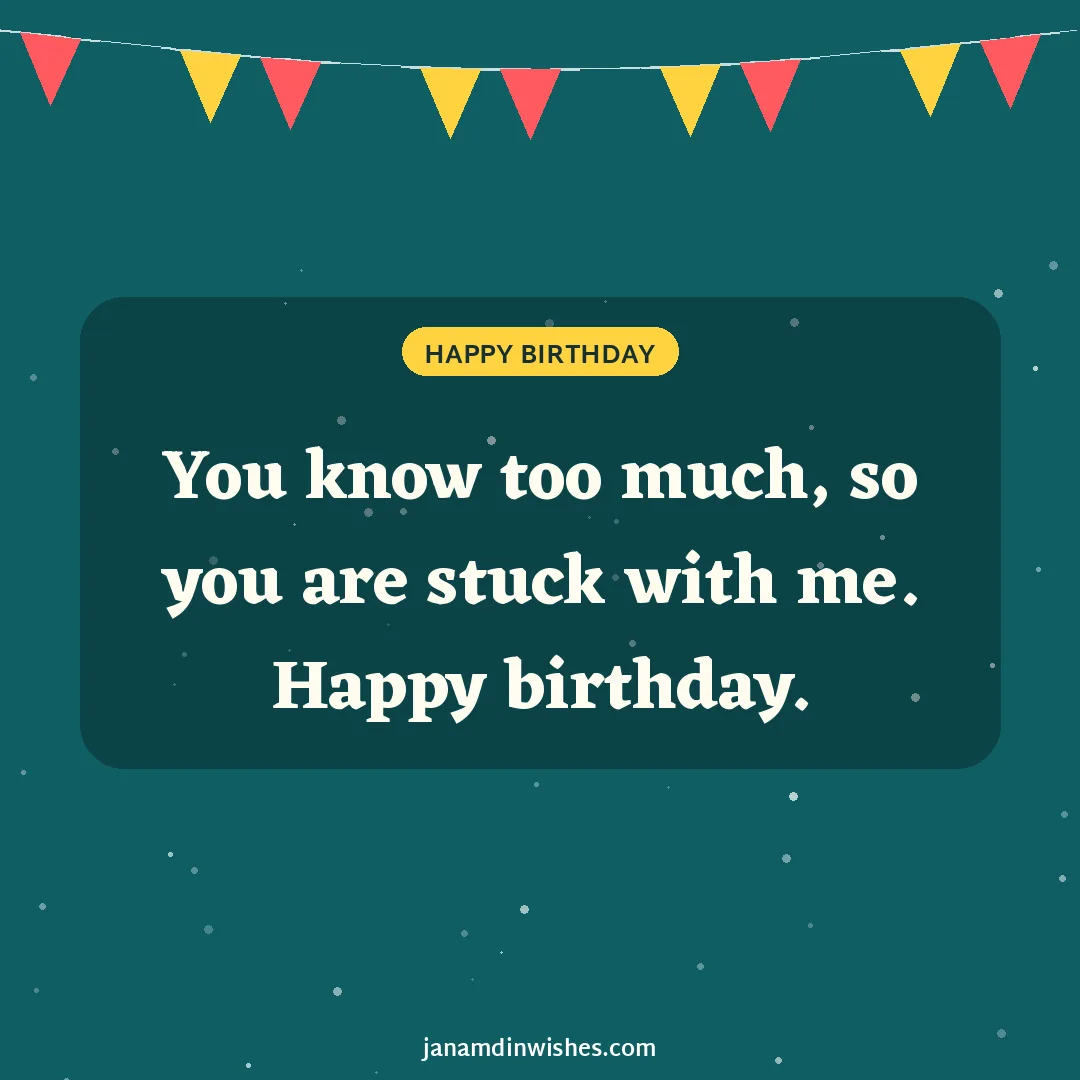 Birthday wish image for best friend: You know too much, so you are stuck with me. Happy birthday.