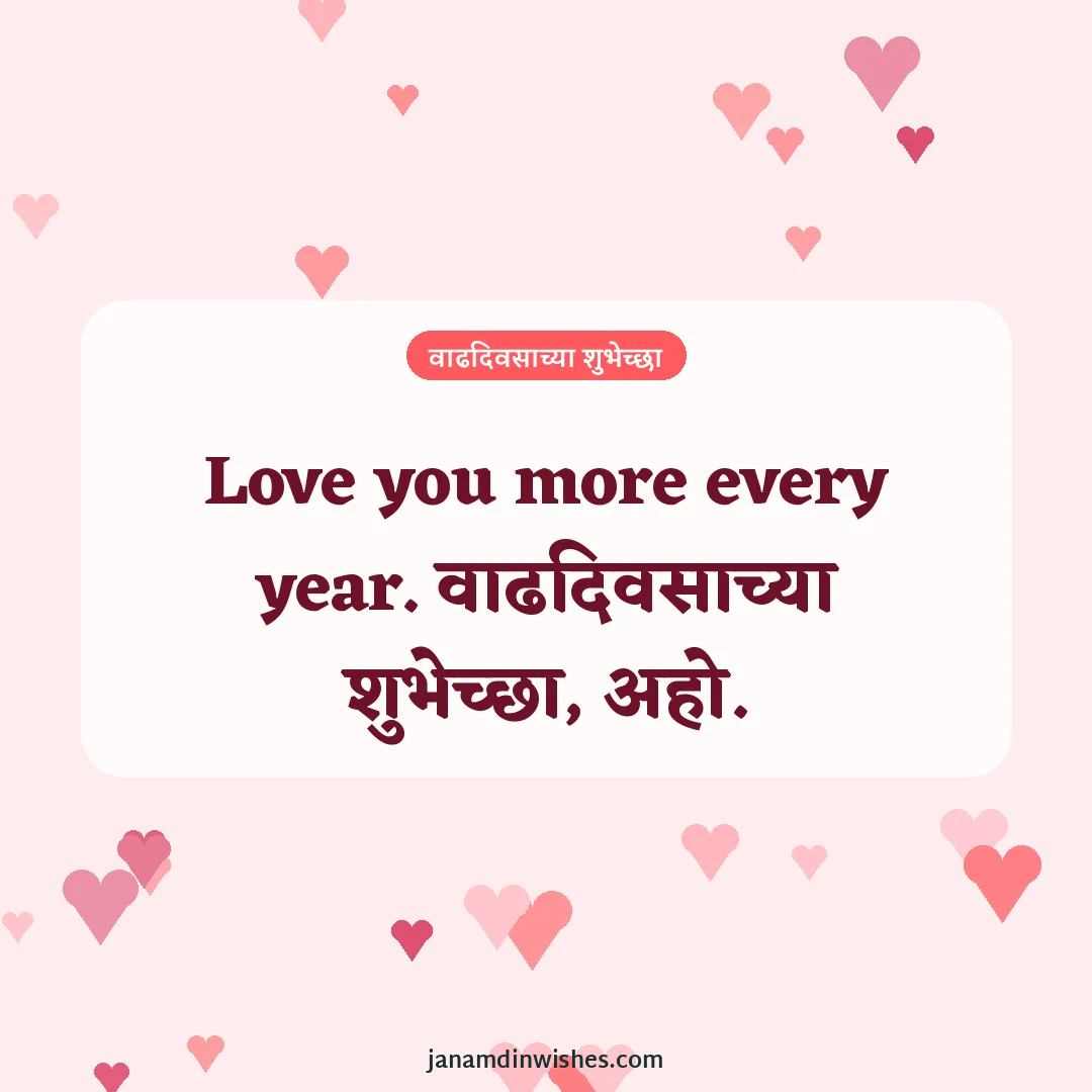 Birthday wish image for husband: Love you more every year. वाढदिवसाच्या शुभेच्छा, अहो.