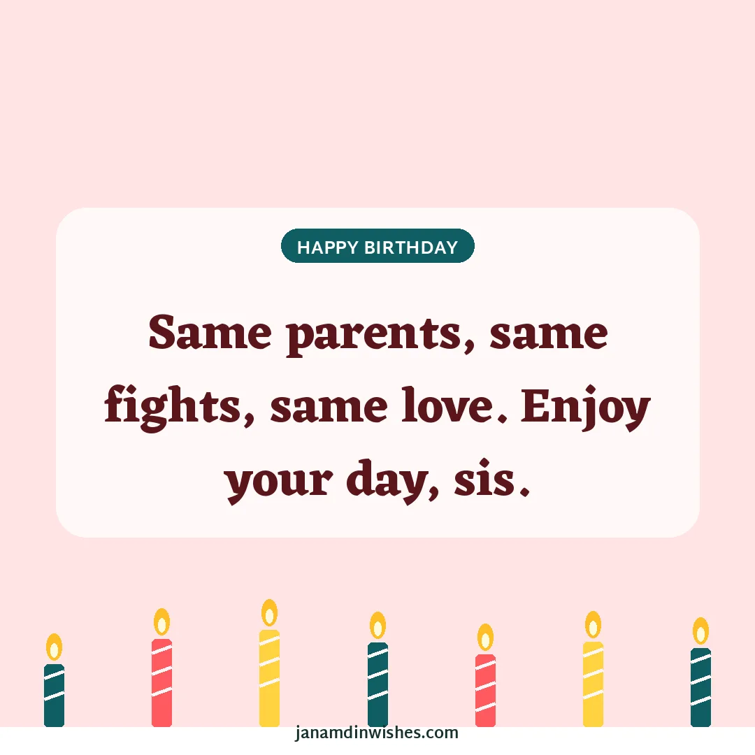 Birthday wish image for sister: Same parents, same fights, same love. Enjoy your day, sis.