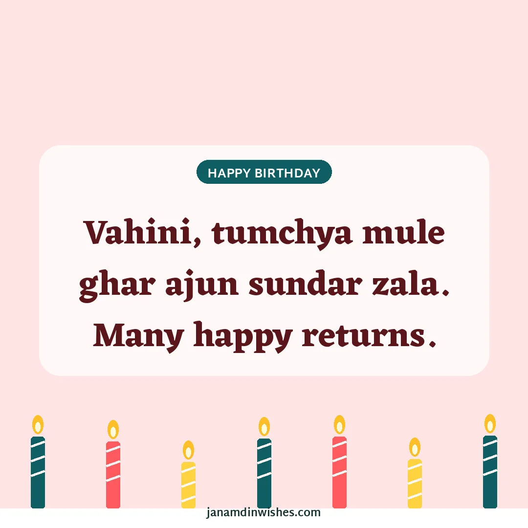 Birthday wish image for sister: Vahini, tumchya mule ghar ajun sundar zala. Many happy returns.